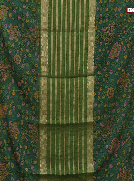 Semi crepe saree sap green and green with zari weaves and long kalamkari printed zari border