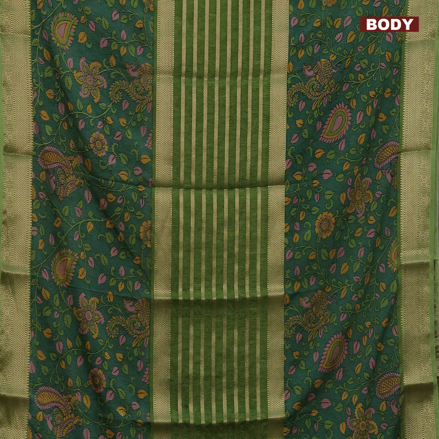 Semi crepe saree sap green and green with zari weaves and long kalamkari printed zari border