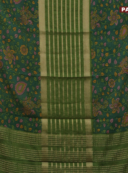 Semi crepe saree sap green and green with zari weaves and long kalamkari printed zari border