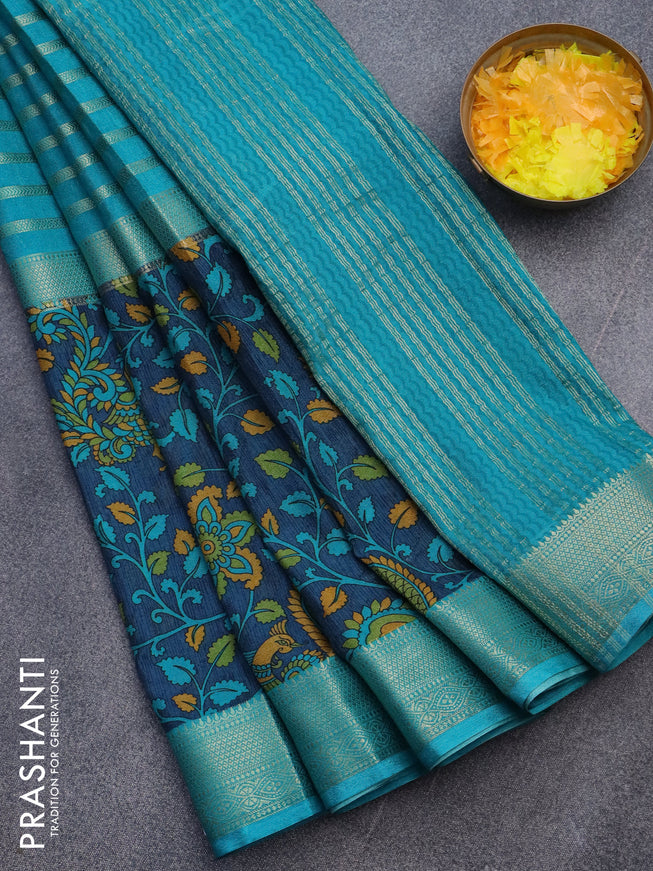 Semi crepe saree teal blue and peacock blue with zari weaves and long kalamkari printed zari border