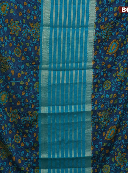 Semi crepe saree teal blue and peacock blue with zari weaves and long kalamkari printed zari border