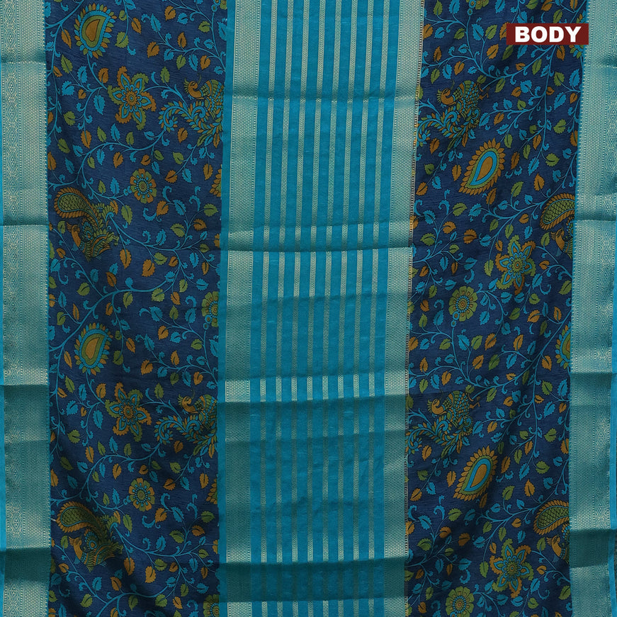 Semi crepe saree teal blue and peacock blue with zari weaves and long kalamkari printed zari border