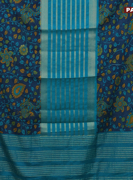 Semi crepe saree teal blue and peacock blue with zari weaves and long kalamkari printed zari border