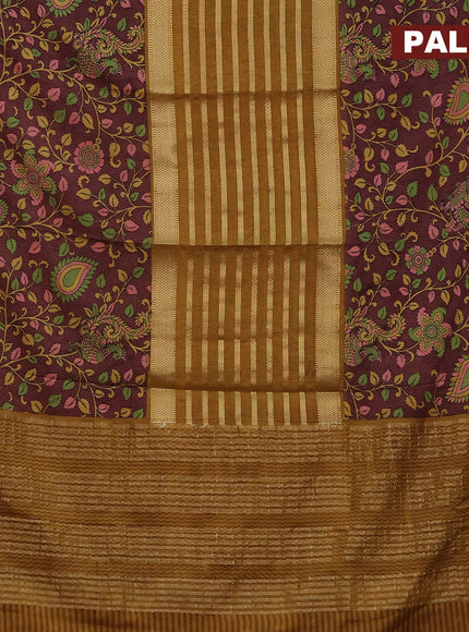 Semi crepe saree dark mustard and brown with zari weaves and long kalamkari printed zari border