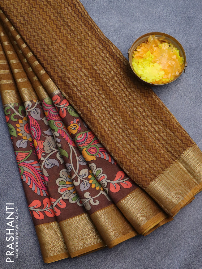 Semi crepe saree dark mustard and brown with zari weaves and long kalamkari printed zari border