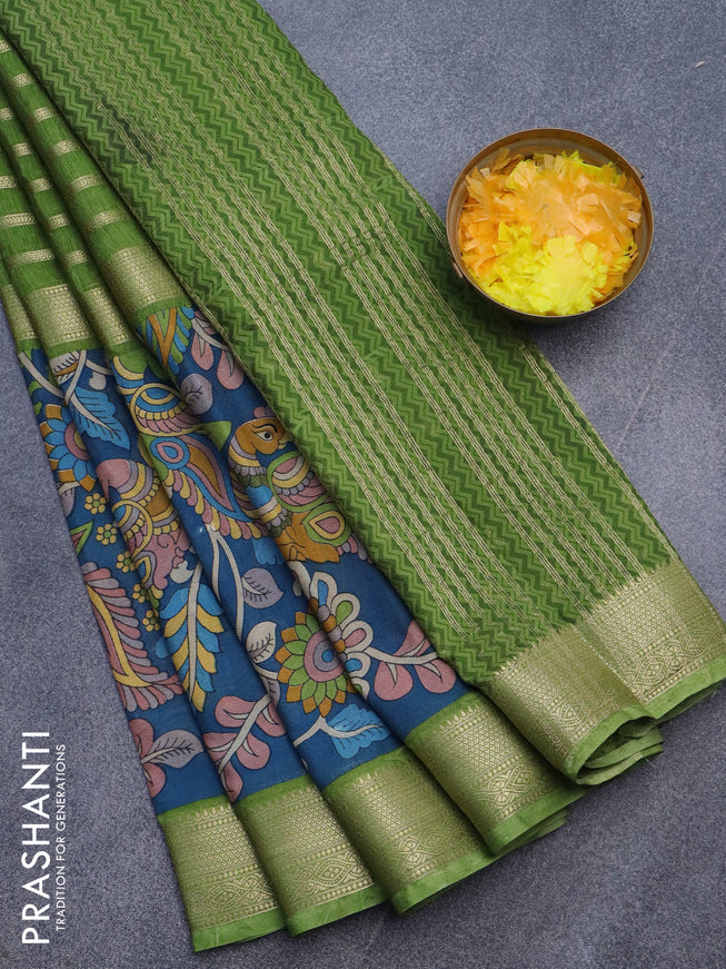 Semi crepe saree light green and peacock blue with zari weaves and long kalamkari printed zari border