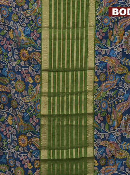 Semi crepe saree light green and peacock blue with zari weaves and long kalamkari printed zari border