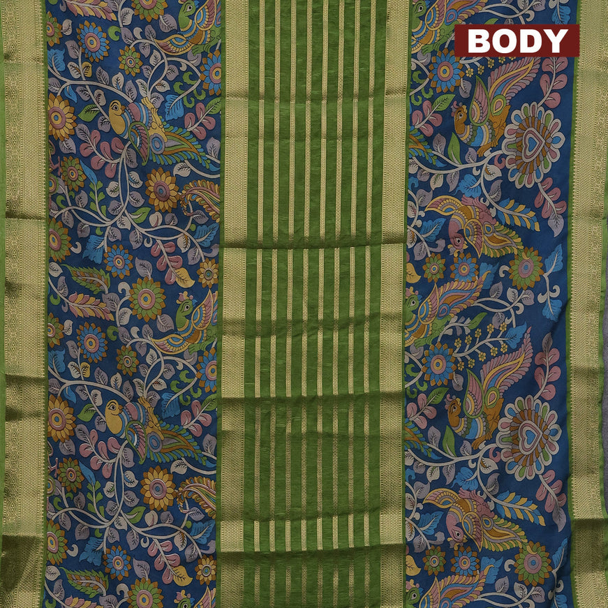 Semi crepe saree light green and peacock blue with zari weaves and long kalamkari printed zari border