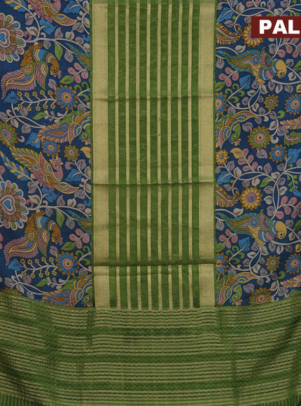 Semi crepe saree light green and peacock blue with zari weaves and long kalamkari printed zari border