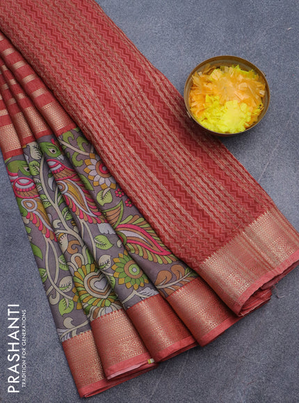 Semi crepe saree red shade and grey with zari weaves and long kalamkari printed zari border