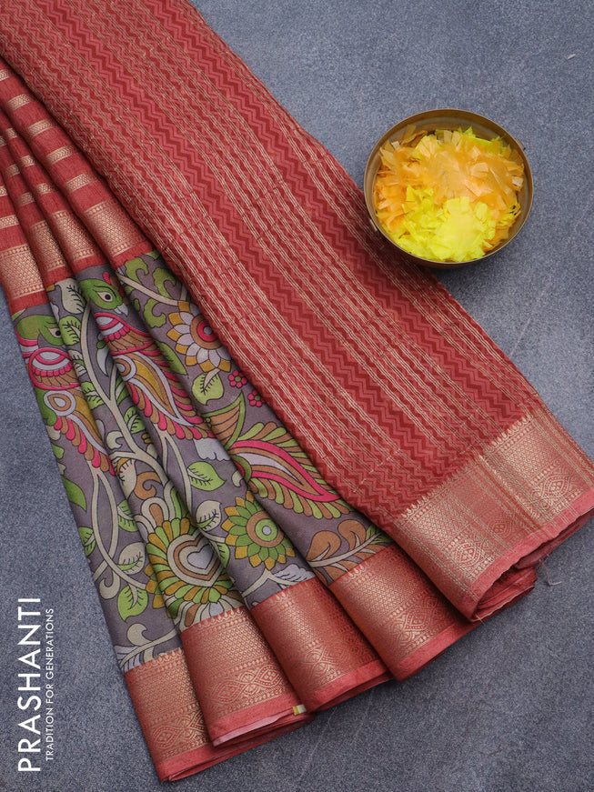 Semi crepe saree red shade and grey with zari weaves and long kalamkari printed zari border