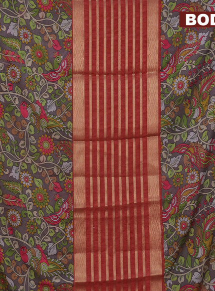 Semi crepe saree red shade and grey with zari weaves and long kalamkari printed zari border