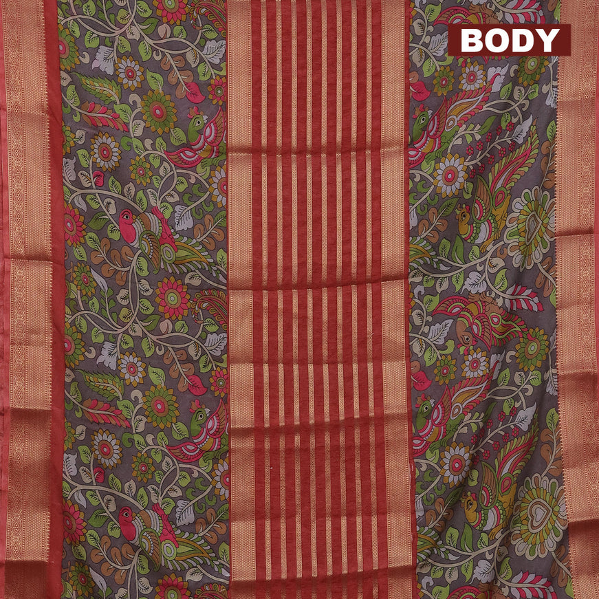 Semi crepe saree red shade and grey with zari weaves and long kalamkari printed zari border