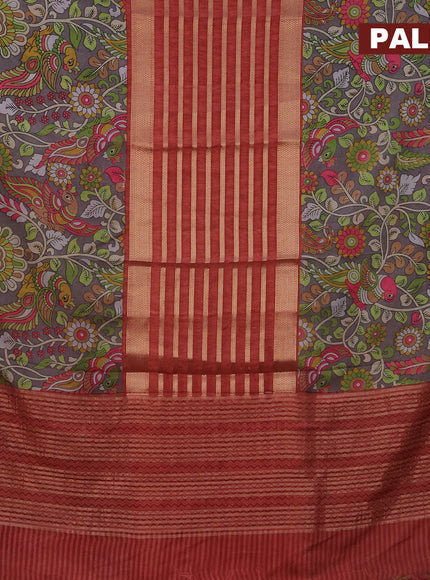 Semi crepe saree red shade and grey with zari weaves and long kalamkari printed zari border