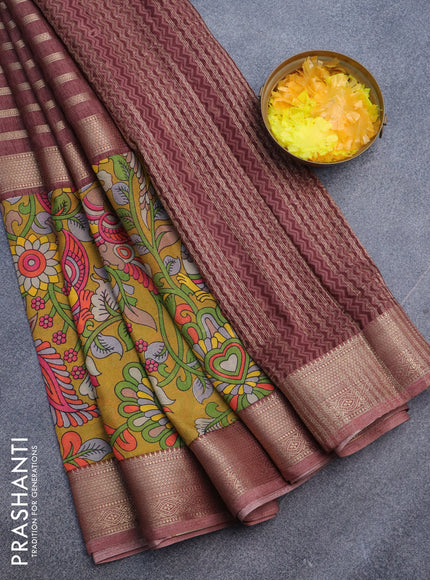 Semi crepe saree pastel maroon shade and mustard yellow with zari weaves and long kalamkari printed zari border