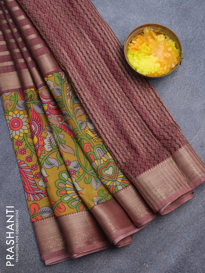 Semi crepe saree pastel maroon shade and mustard yellow with zari weaves and long kalamkari printed zari border