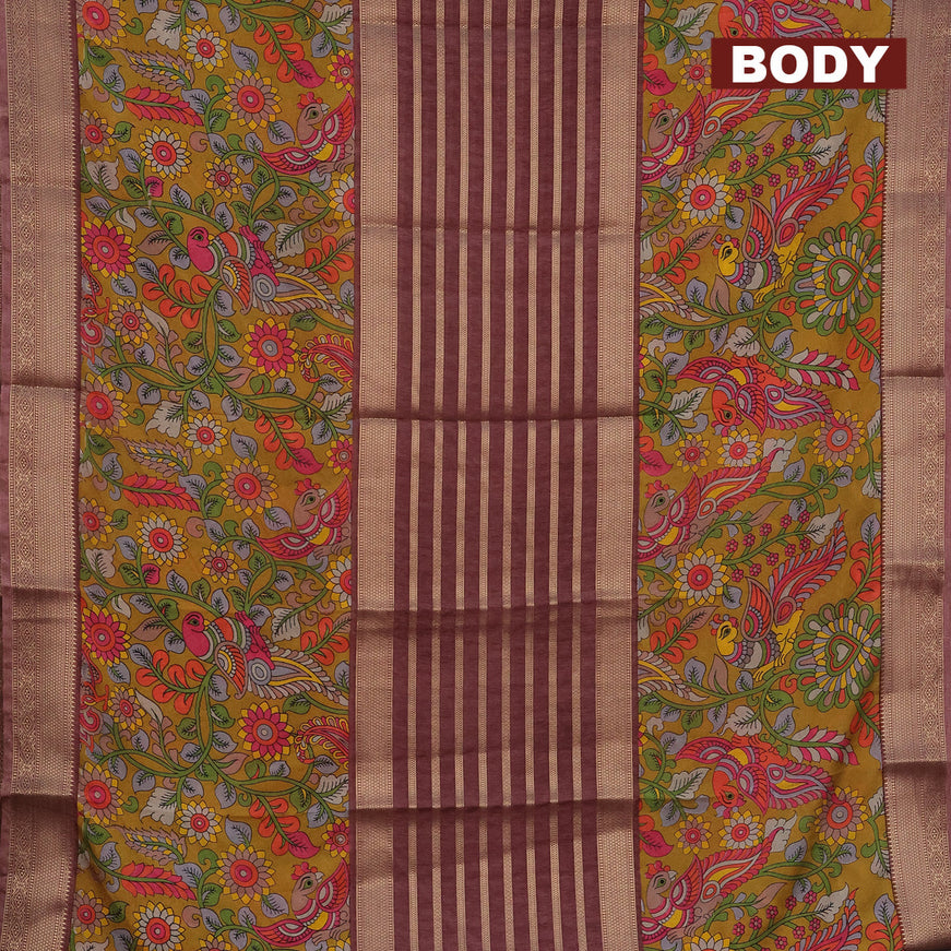 Semi crepe saree pastel maroon shade and mustard yellow with zari weaves and long kalamkari printed zari border