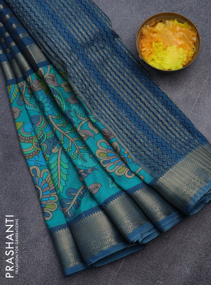 Semi crepe saree peacock blue and teal blue with zari weaves and long kalamkari printed zari border