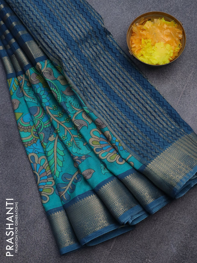 Semi crepe saree peacock blue and teal blue with zari weaves and long kalamkari printed zari border