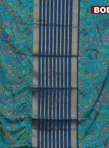 Semi crepe saree peacock blue and teal blue with zari weaves and long kalamkari printed zari border