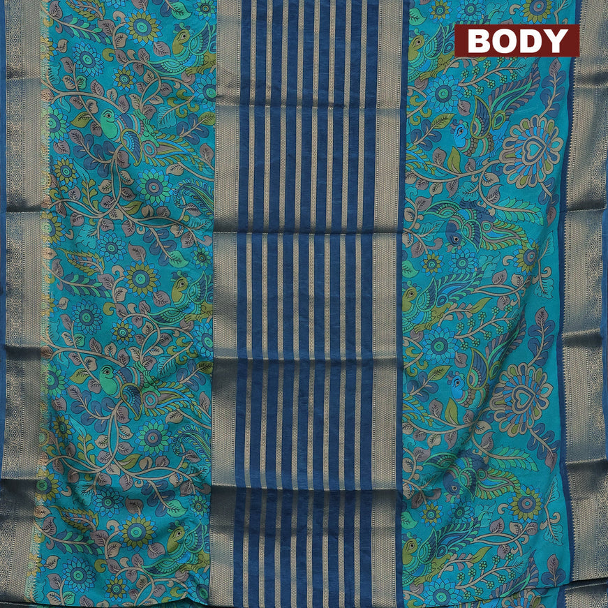 Semi crepe saree peacock blue and teal blue with zari weaves and long kalamkari printed zari border