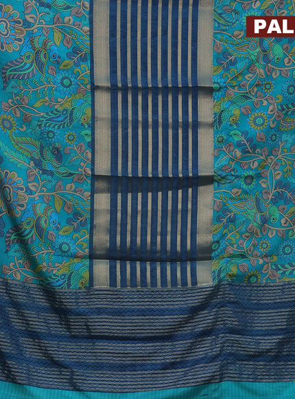 Semi crepe saree peacock blue and teal blue with zari weaves and long kalamkari printed zari border