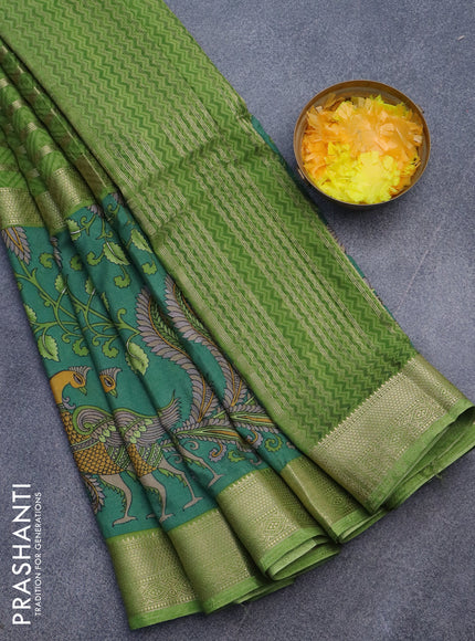 Semi crepe saree light green and green with zari weaves and long kalamkari printed zari border