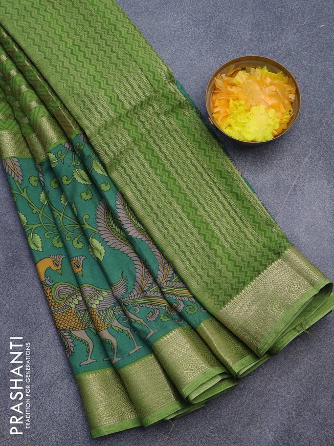 Semi crepe saree light green and green with zari weaves and long kalamkari printed zari border