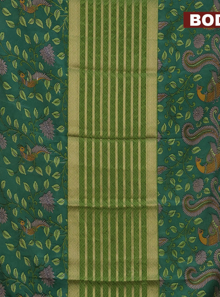 Semi crepe saree light green and green with zari weaves and long kalamkari printed zari border