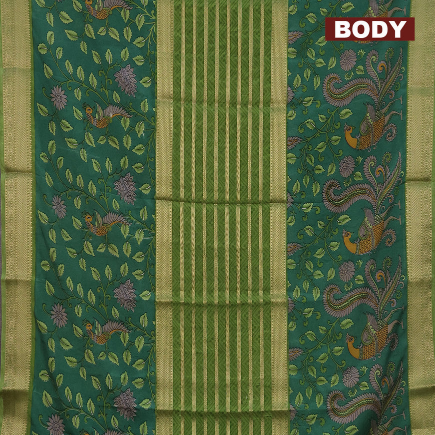 Semi crepe saree light green and green with zari weaves and long kalamkari printed zari border