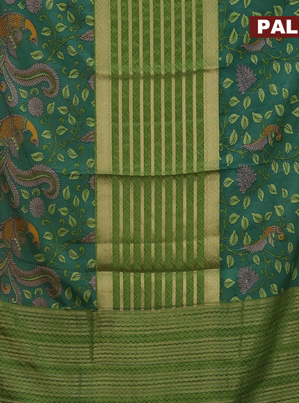 Semi crepe saree light green and green with zari weaves and long kalamkari printed zari border