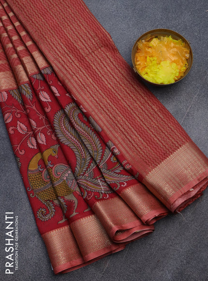 Semi crepe saree rust shade and red with zari weaves and long kalamkari printed zari border