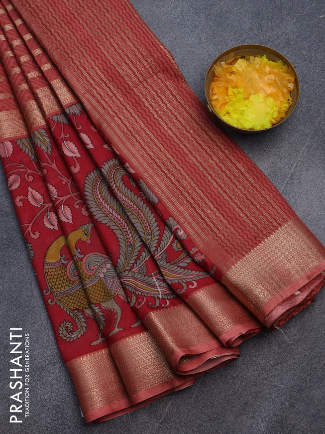 Semi crepe saree rust shade and red with zari weaves and long kalamkari printed zari border