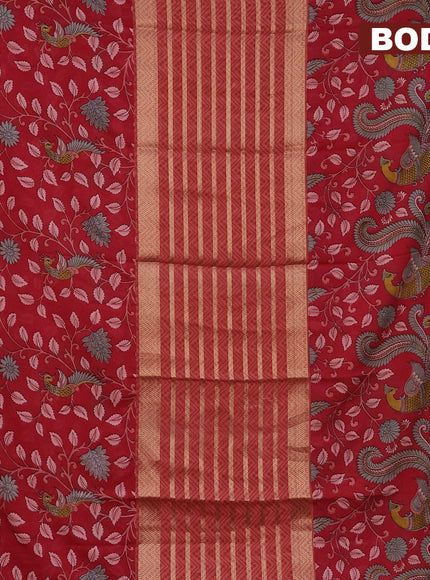 Semi crepe saree rust shade and red with zari weaves and long kalamkari printed zari border