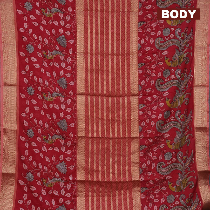 Semi crepe saree rust shade and red with zari weaves and long kalamkari printed zari border