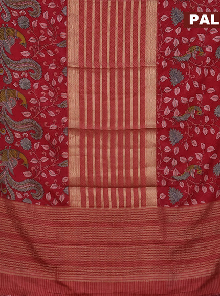 Semi crepe saree rust shade and red with zari weaves and long kalamkari printed zari border