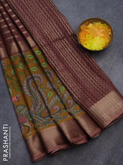 Semi crepe saree pastel maroon and mustard yellow with zari weaves and long kalamkari printed zari border