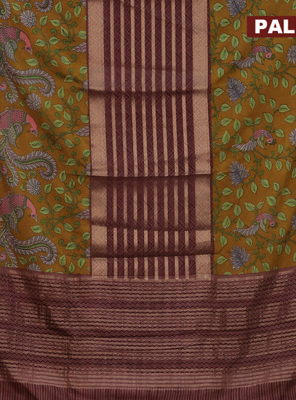 Semi crepe saree pastel maroon and mustard yellow with zari weaves and long kalamkari printed zari border