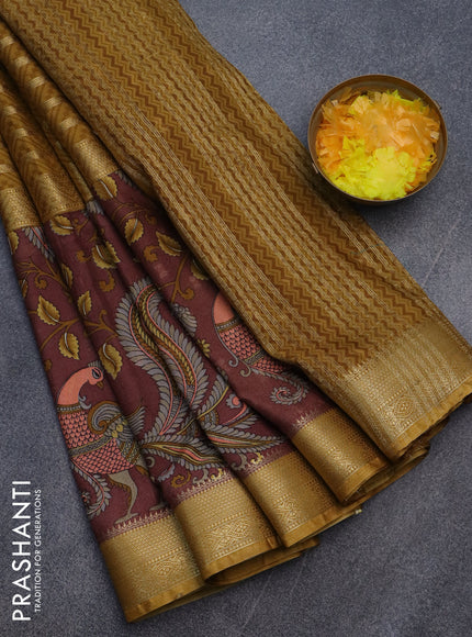 Semi crepe saree mustard shade and maroon shade with zari weaves and long kalamkari printed zari border