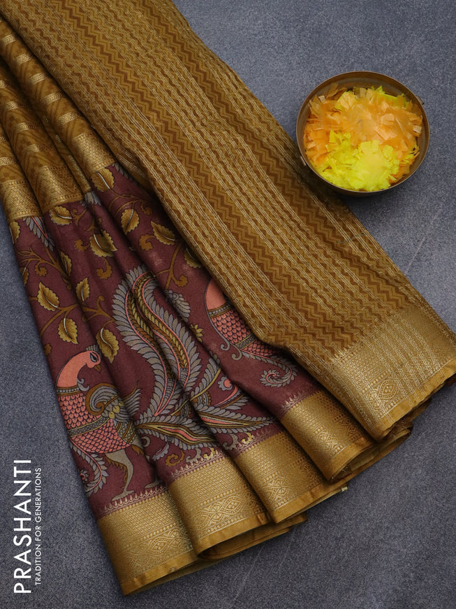 Semi crepe saree mustard shade and maroon shade with zari weaves and long kalamkari printed zari border