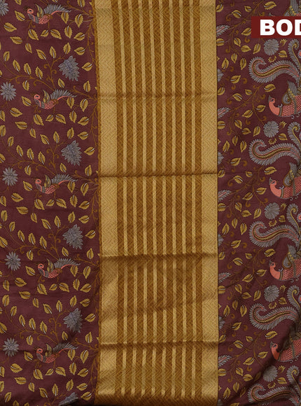 Semi crepe saree mustard shade and maroon shade with zari weaves and long kalamkari printed zari border