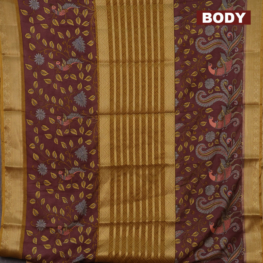 Semi crepe saree mustard shade and maroon shade with zari weaves and long kalamkari printed zari border