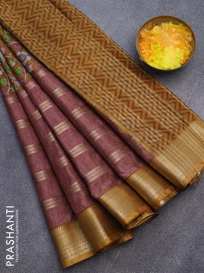 Semi crepe saree mustard shade and brown shade with kalamkari prints and long zari woven simple border