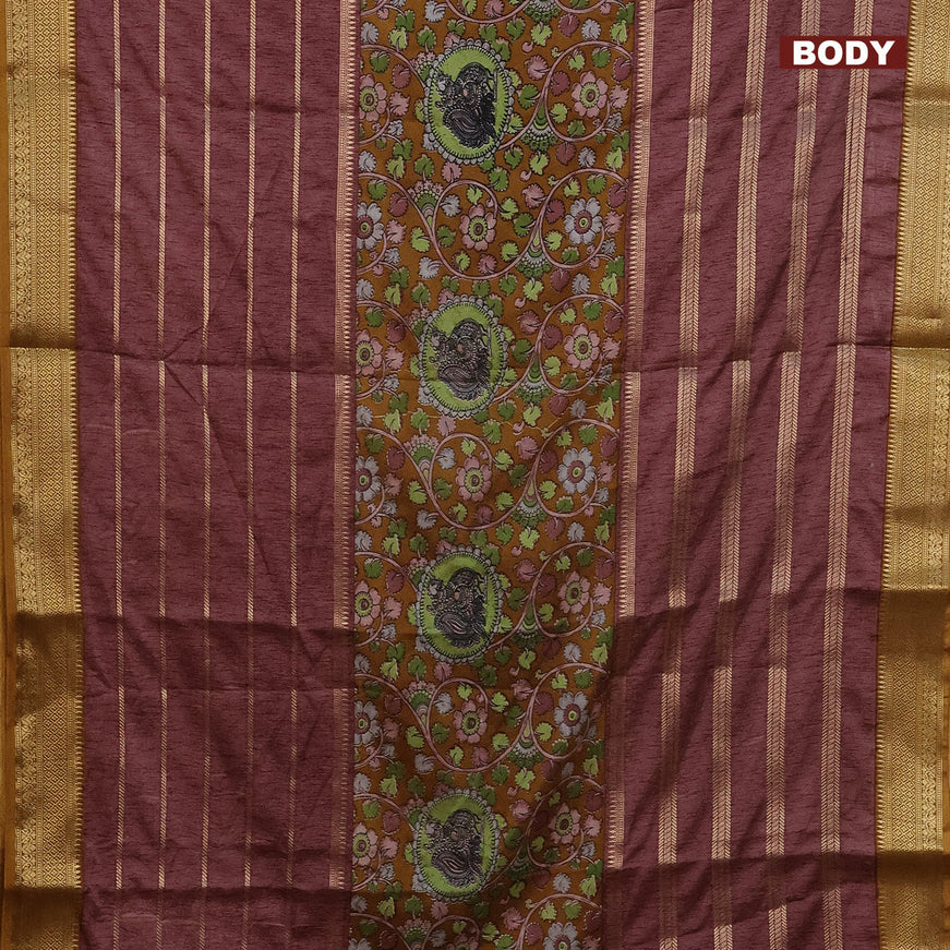 Semi crepe saree mustard shade and brown shade with kalamkari prints and long zari woven simple border