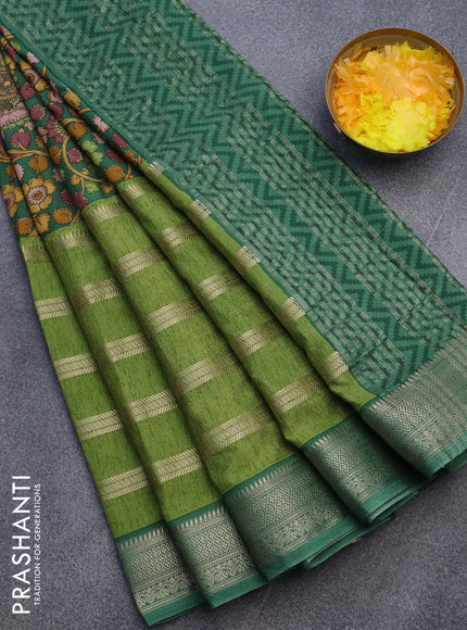 Semi crepe saree green and light green with kalamkari prints and long zari woven simple border