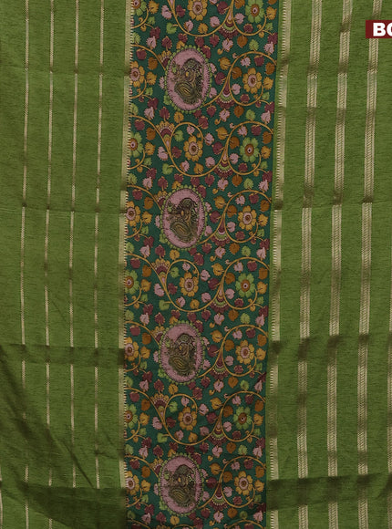 Semi crepe saree green and light green with kalamkari prints and long zari woven simple border