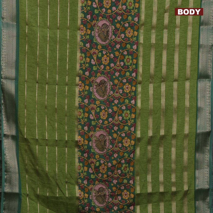 Semi crepe saree green and light green with kalamkari prints and long zari woven simple border