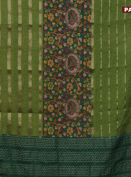 Semi crepe saree green and light green with kalamkari prints and long zari woven simple border