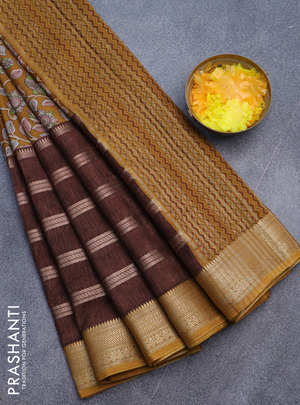 Semi crepe saree mustard shade and brown with kalamkari prints and long zari woven simple border