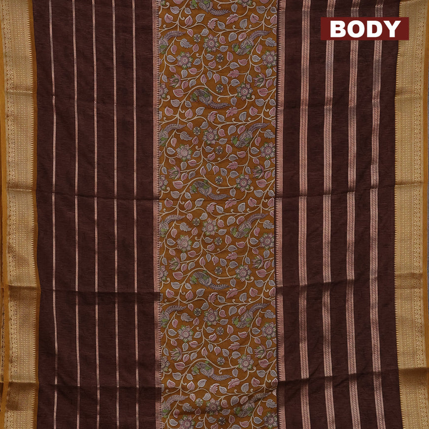 Semi crepe saree mustard shade and brown with kalamkari prints and long zari woven simple border